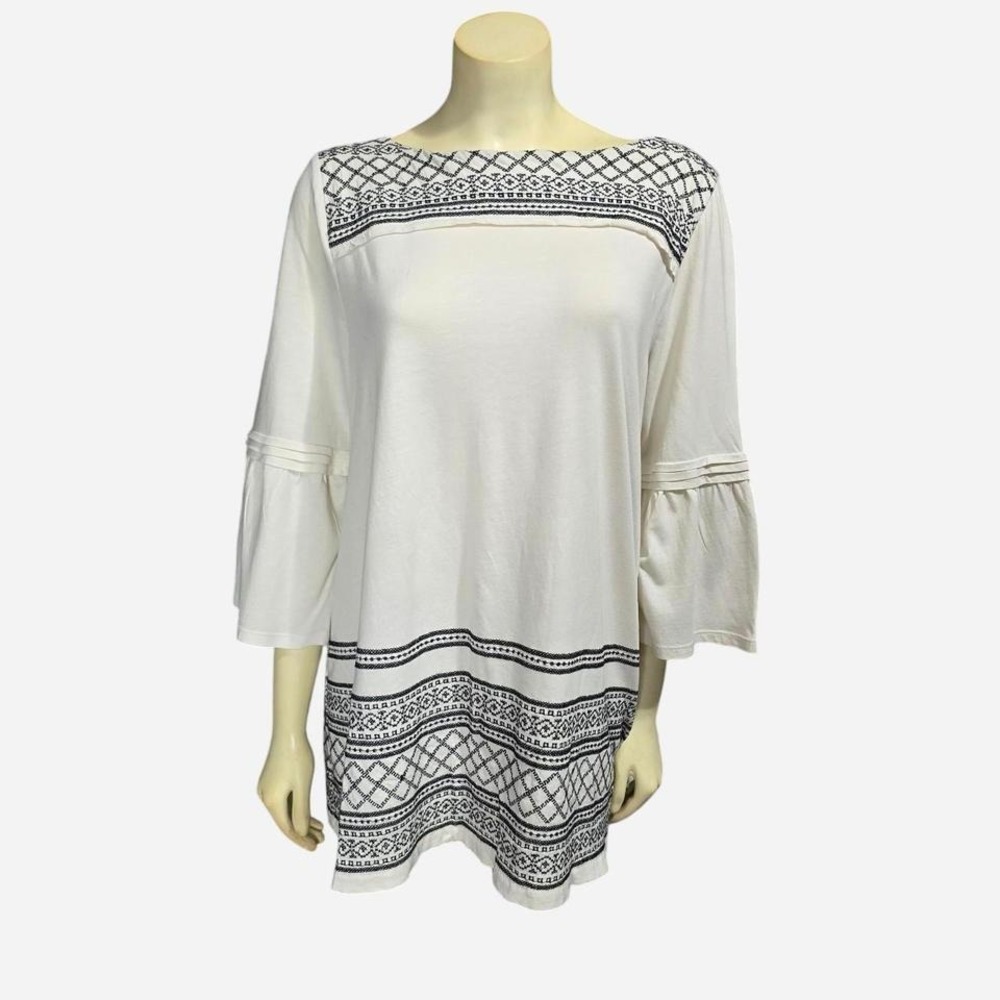 J. Jill Tunic Top Womens‎ Large Petite White Black Bell Sleeve Boho